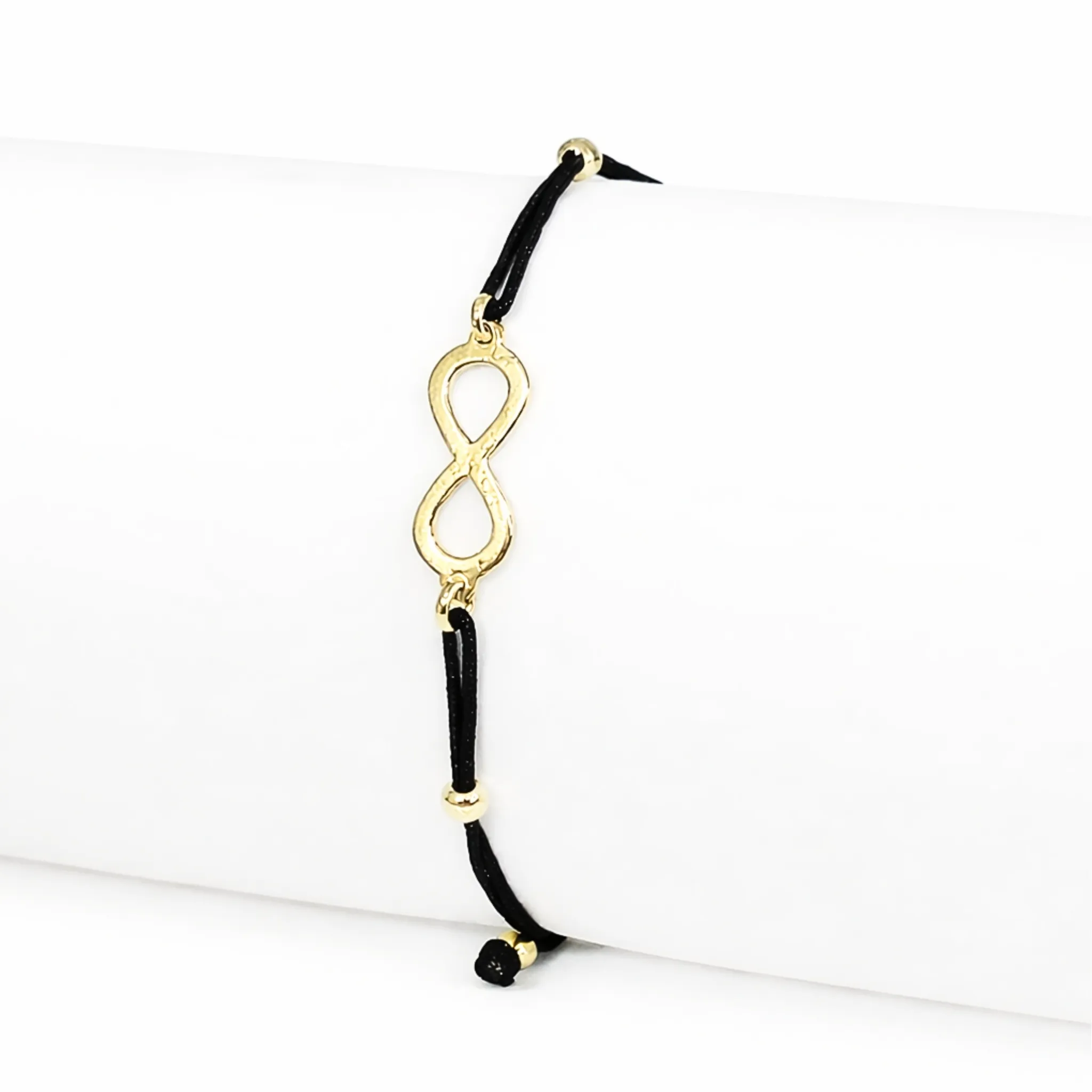 Czarna bransoletka szczęścia, złoty znak nieskończoności pr. 585, 14K