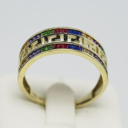Pierścionek Złoty Kolorowe Cyrkonie I Droga Grecka 3.13g