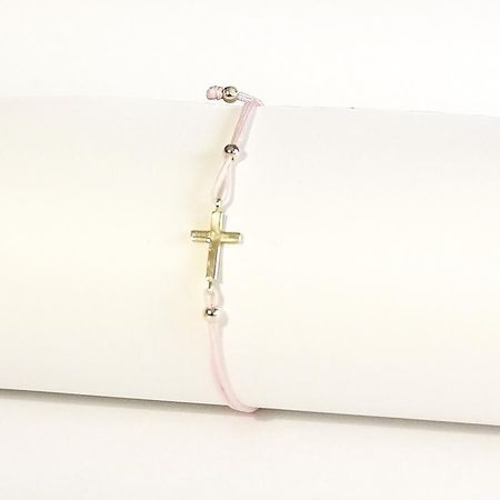 BRANSOLETKA SZCZĘŚCIA, RÓŻÓWY SZNUREK, ZŁOTY KRZYŻ 0,89g 14K