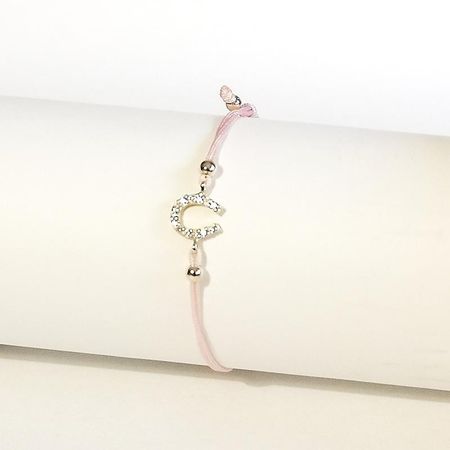 BRANSOLETKA SZCZĘŚCIA, RÓŻÓWY SZNUREK, ZŁOTA PODKOWA 0,80g 14K