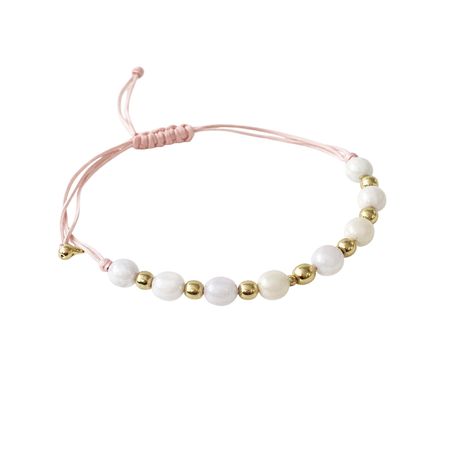 Bransoletka białe kamienie jubilerskie na różowym rzemyku ze złotymi koralikami pr. 585, 14K