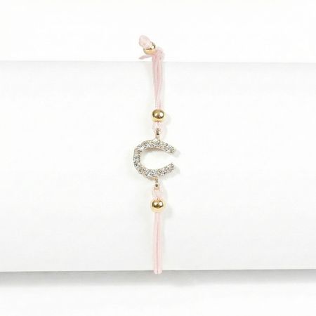 Różowa bransoletka szczęścia, złota podkowa pr. 585, 14K