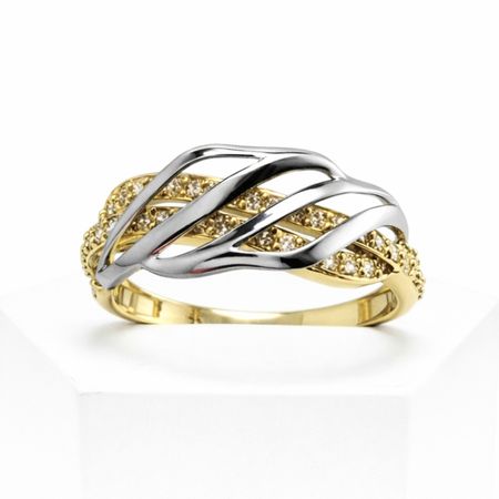 Pierścionek dwukolorowy z cyrkoniami 2,69 g ze złota pr. 585, 14K