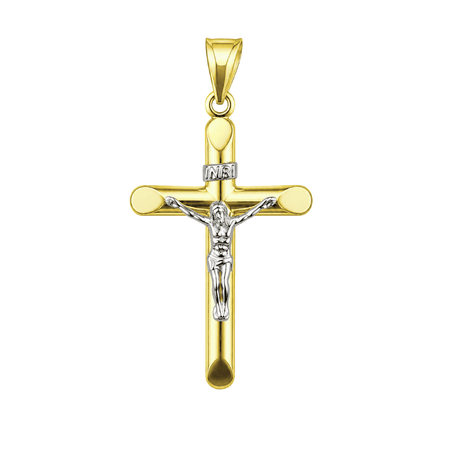 Zawieszka krzyż Jezus Chrystus 2,85 g z dwukolorowego złota pr. 585, 14K